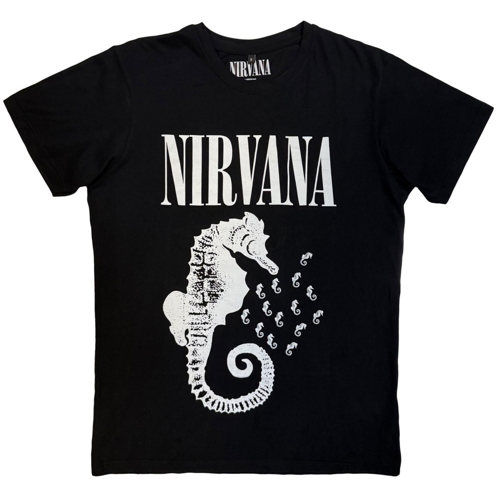 Nirvana - Seahorse & Logo Mono Mens Tshirt - Black